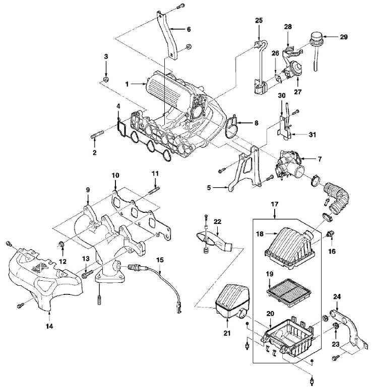 daewoo matiz, ilustracje techniczne, rysunki techniczne, budowa silnika, kolektor sscy, kolektor wydechowy, filtr powietrza, przepustnica, zawr EGR, obudowa filtra powietrza, daewoo matiz, silnki 0.8